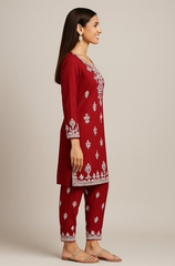 Maroon Floral Embroidered Kurta Set